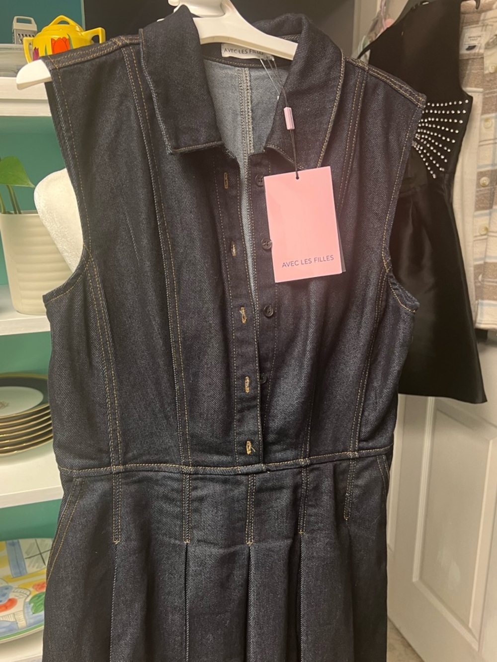 NWTAvec Les Filles Dark Indigo Button-Up dresswith Gold Stitching